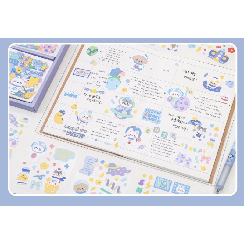Sticker cute/Hộp 100 tấm sticker hình dán dễ thương Satellite trang trí sổ planner bullet journal Hàn Quốc Tẻn Tẻn