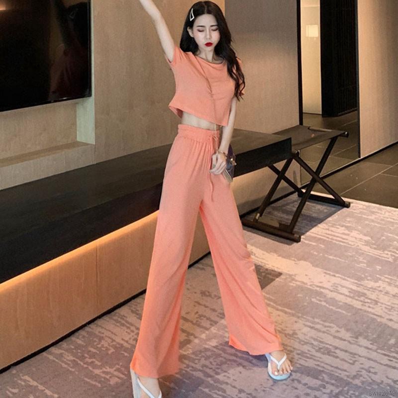 Áo lửng + quần ống rộng lưng cao phong cách Hàn Quốc cho nữ