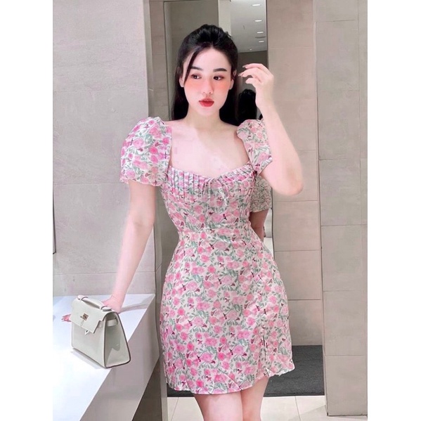 Váy hoa hồng cup ngực li rúm tay phồng