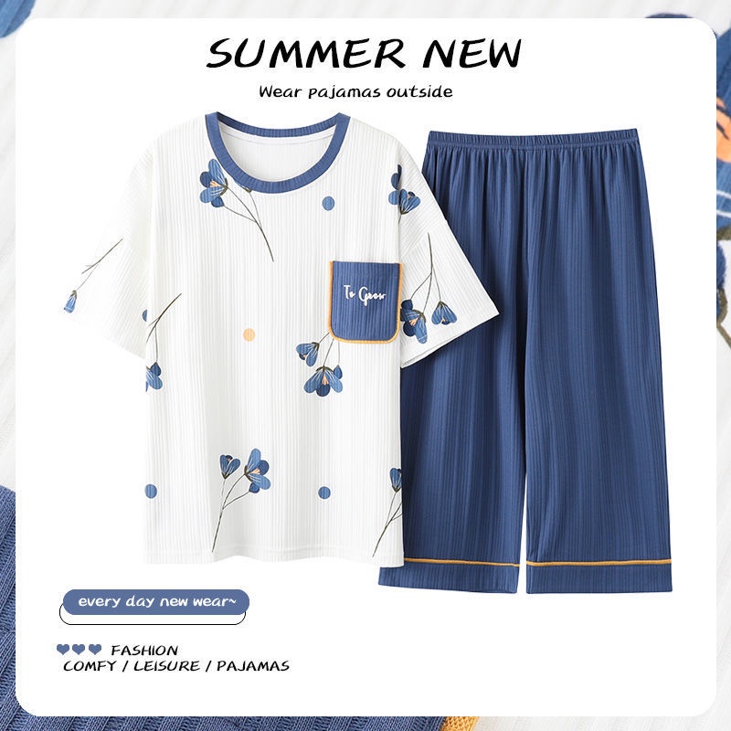 6XL extra large size pajamas women's short sleeve cropped pants pure cotton thin suit