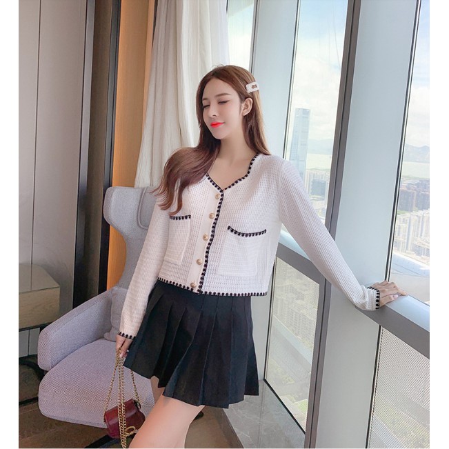 Áo Cardigan Dài Tay Cổ V Dệt Kim Dáng Croptop 2 Màu Đen, Trắng Hàn Quốc Ulzzang