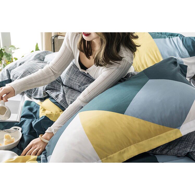 Bộ chăn ga gối Cotton poly M2T bedding Sóng xanh, vỏ chăn mền, drap giường và 2 vỏ gối
