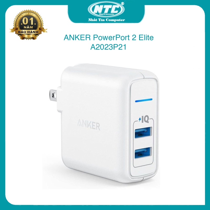 Cốc sạc 2 cổng Anker A2023P21 PowerPort 2 Elite 24W (Trắng) - Nhất Tín Computer