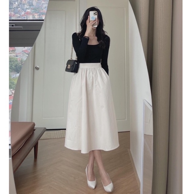 Áo len tăm cổ tròn kèm chân váy midi xoè, set đồ tiểu thư Linzstore
