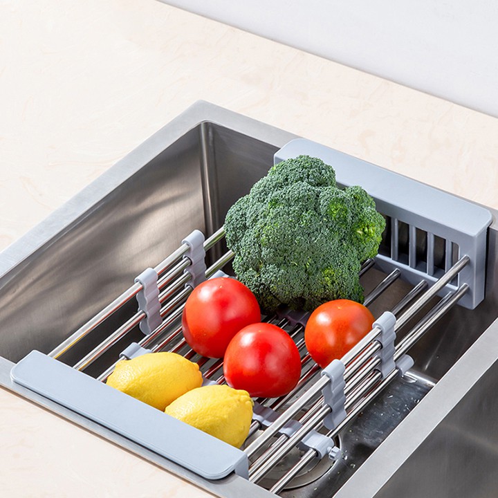 Rổ rút gọn inox đựng chén bát, rau quả kê bồn rửa bát, đồ gia dụng MUADDI