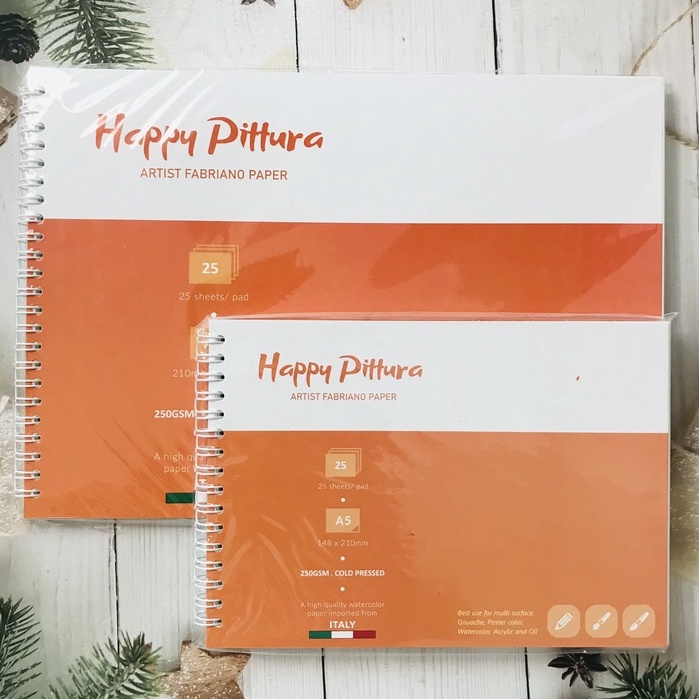 Sổ vẽ màu nước HAPPY PITTURA 250GSM vân sần các loại A4, A5 - Sổ gáy lò xo 25 tờ