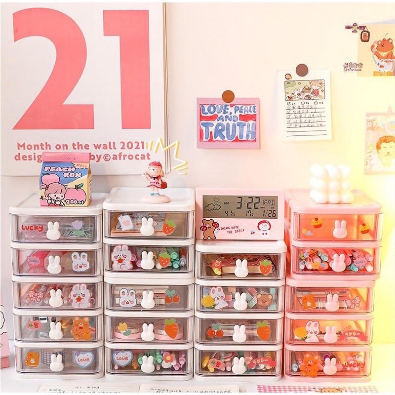 Tủ Nhựa Mini Ngăn Kéo Hình Thỏ Để Bàn Xinh Xắn, Tiện Lợi