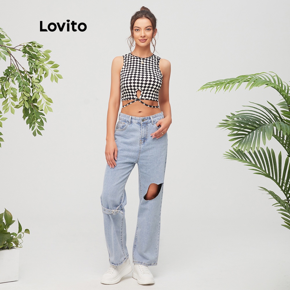 Lovito Áo tank top cổ tròn cắt chéo họa tiết kẻ sọc màu đen thời trang cho nữ L11D03
 | BigBuy360 - bigbuy360.vn