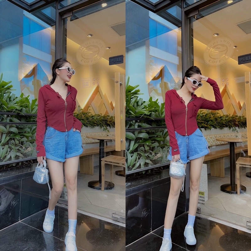 Áo khoác croptop có nón kéo khóa tay dàiSize: 35kg - 45kg