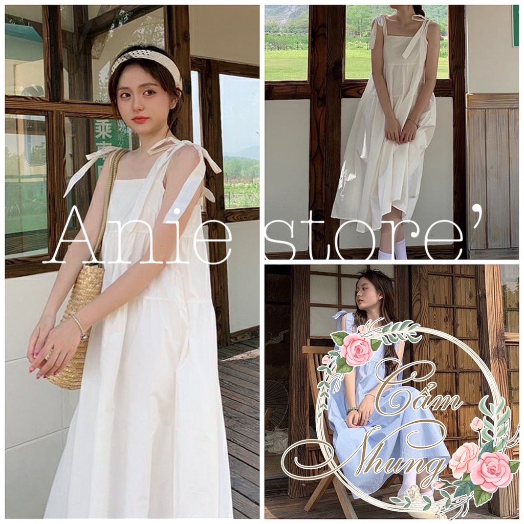 Váy Nữ 2 Dây Bản To Buộc Nơ 3 Tầng CAMNHUNG- Váy Nữ Babydoll Trơn Dáng Dài 2 Màu