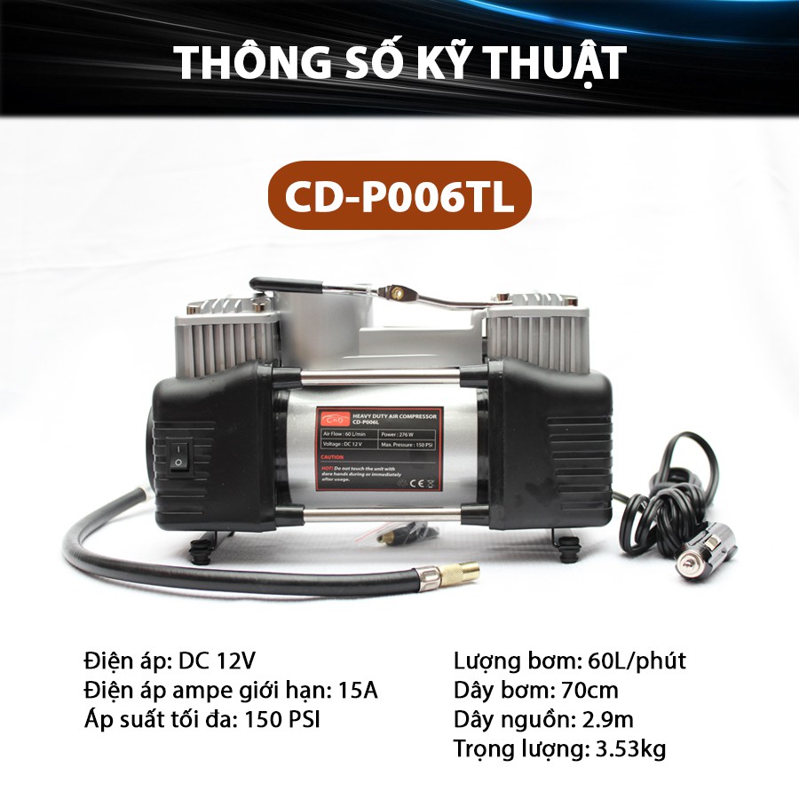 [Mã BMBAU300 giảm 10% đơn 499K] Máy Bơm Lốp Ô Tô 2 Xi Lanh Có Đèn CIND CDP006TL Nhập Khẩu Chính Hãng