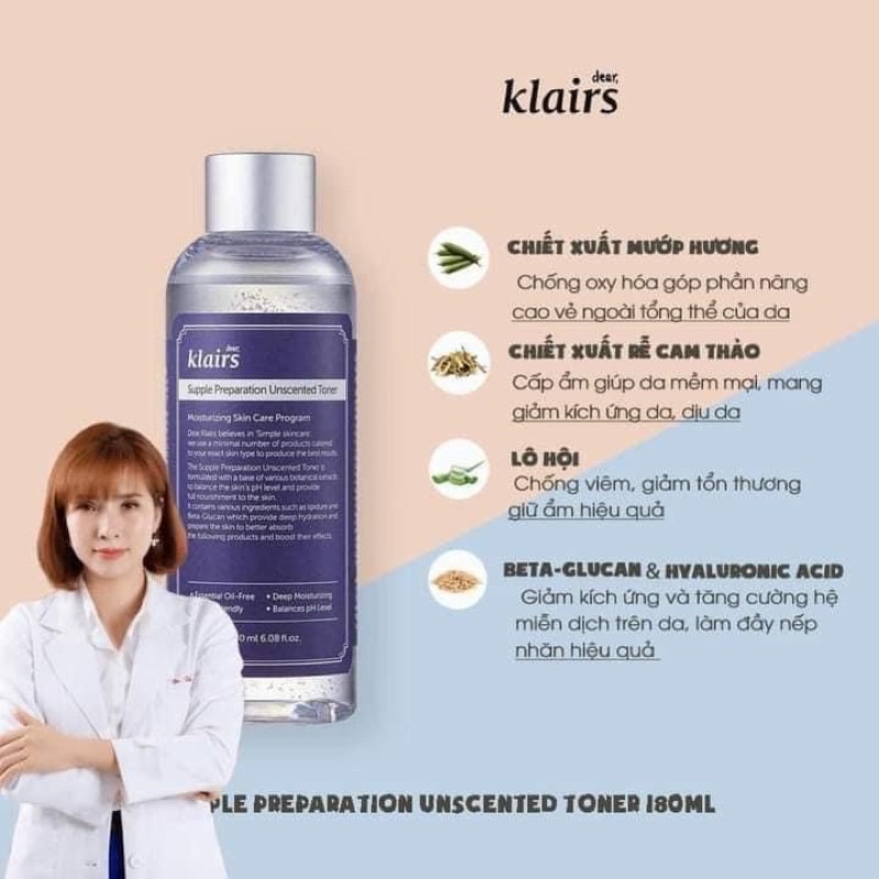 [Hàng cty- Chính Hãng] Nước hoa hồng Dear Klairs Supple Preparation Unscented Toner 180ml