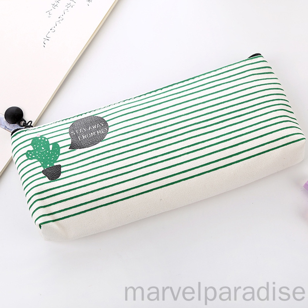 Túi đựng bút bằng vải canvas có khóa kéo in họa tiết xương rồng dễ thương cho nữ