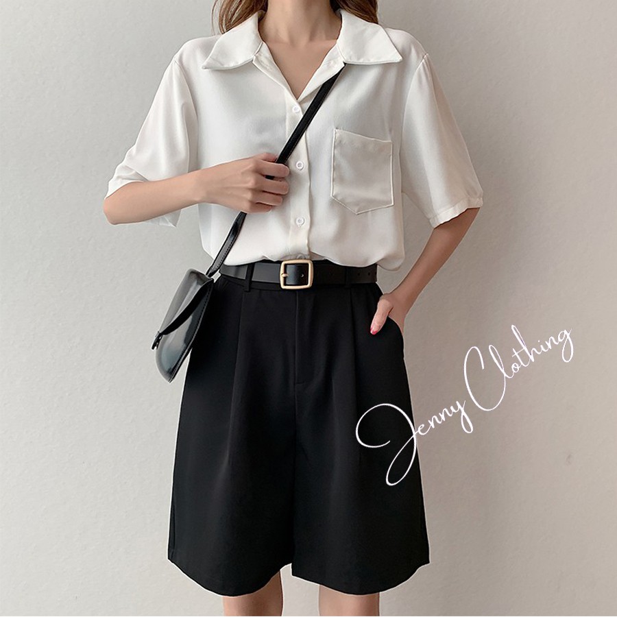 Quần Short nữ ống rộng màu đen cạp lưng cao dáng lửng dài ngang gối vải tuyết mưa mặc đi học chơi biển ở nhà đều đẹp
