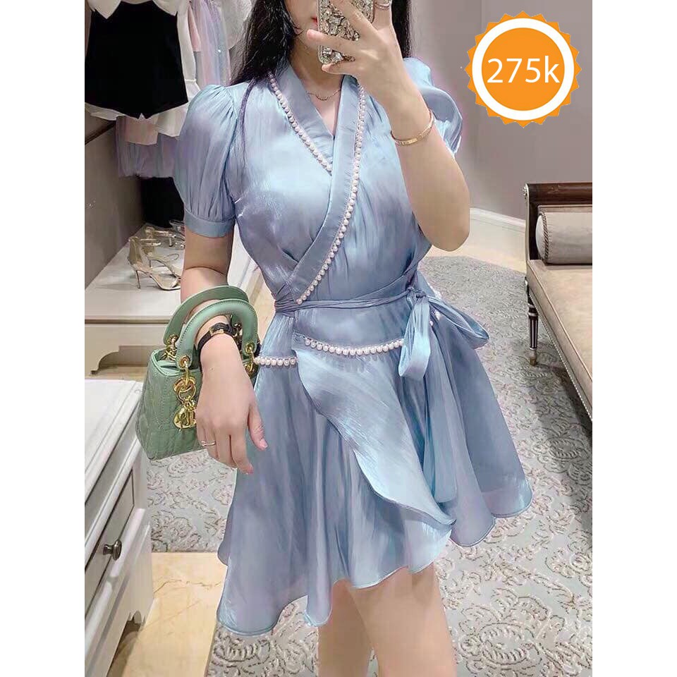 ĐẦM XÒE ĐẮP CHÉO CỘT NƠ EO VIỀN REN