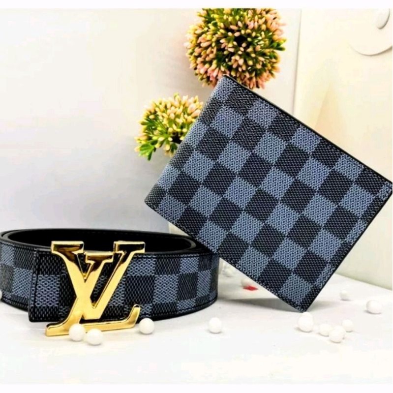 Com bo Thắt lưng + ví da kẻ caro cao cấp thời trang