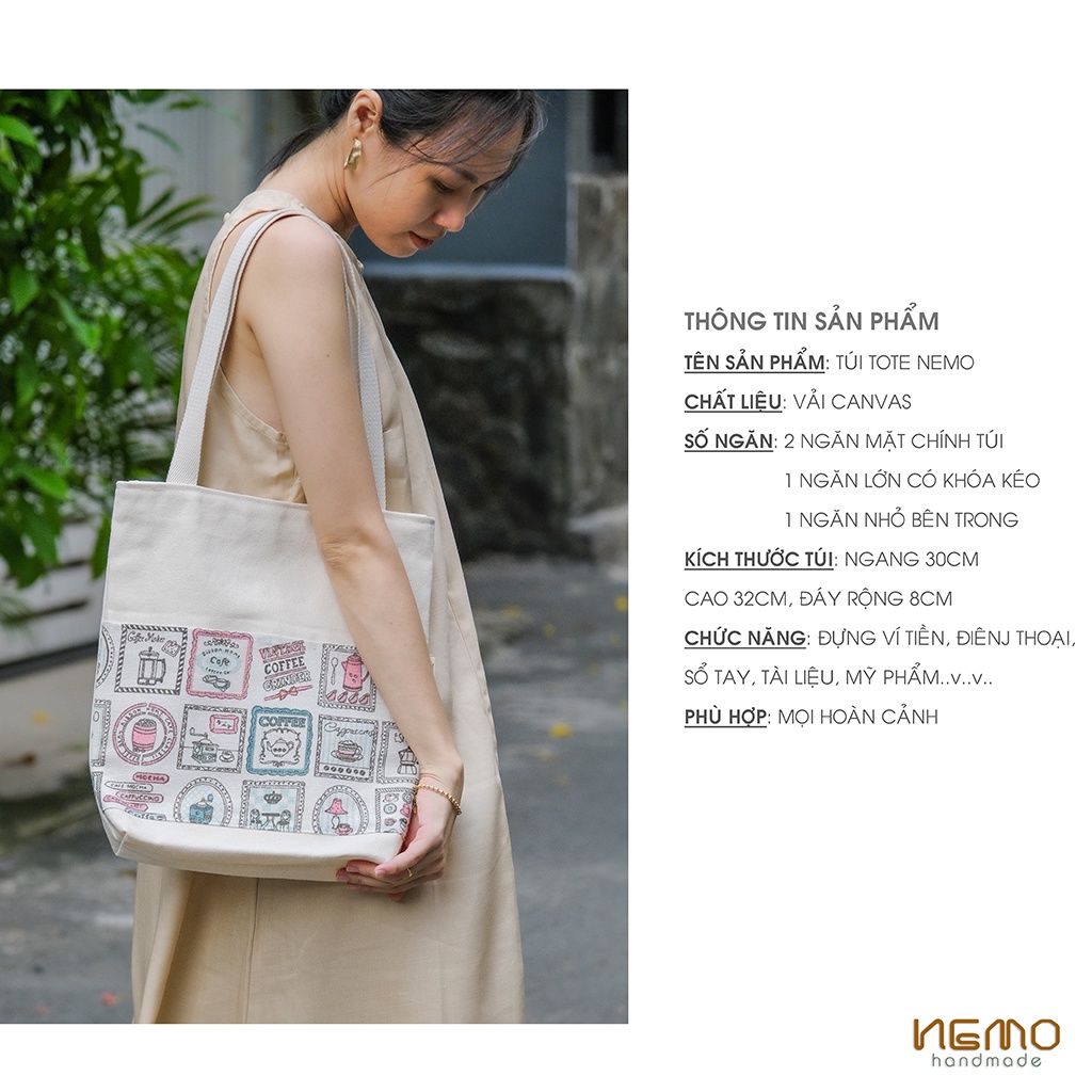 Túi Tote Canvas Họa Tiết Có Khóa Kéo - NEMO Collection TCHN