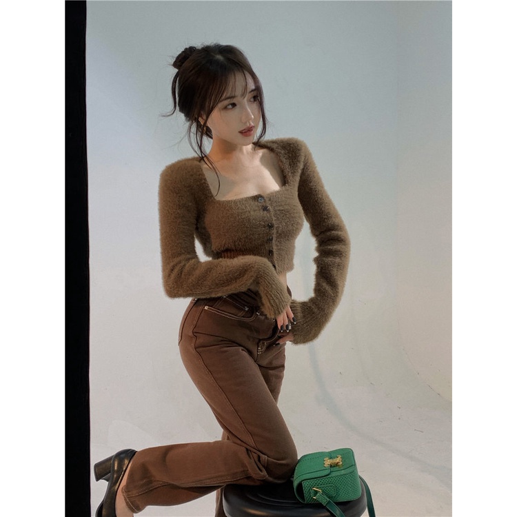 DUNEA Áo dệt kim cổ vuông thiết kế quyến rũ cho nữ