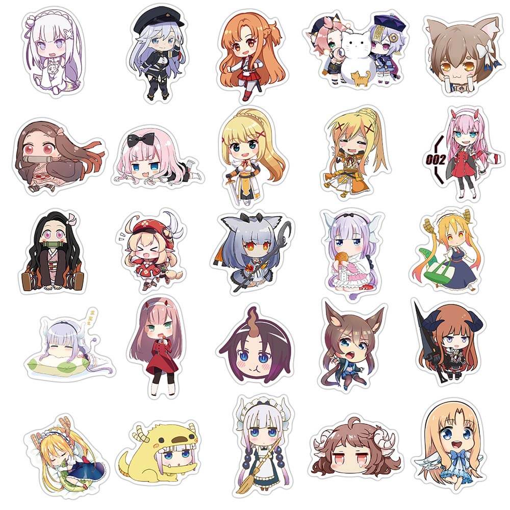 Bộ 50 Miếng Dán Trang Trí Laptop/Bình Nước Hình Cô Gái Anime Dễ Thương
