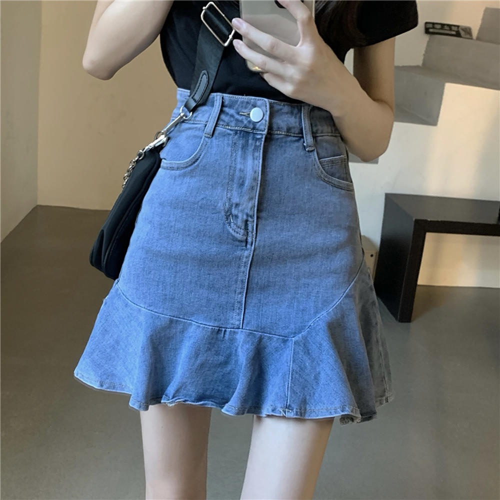 Chân Váy Denim Lưng Cao Dáng Chữ A Phong Cách Retro 50301