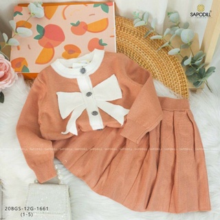 Set váy len gồm áo len nơ trắng và chân váy len hãng SAPODIIL cho bé gái 1-6y