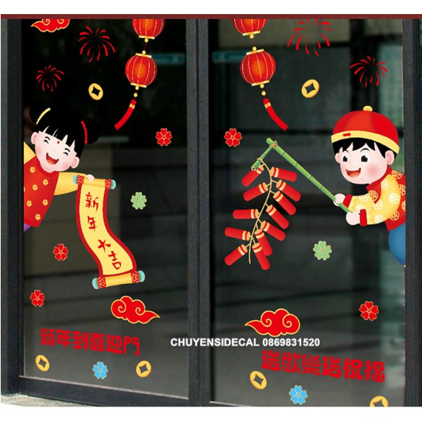 Decal trang trí Tết - Các Bé đốt Pháo đối liễm chào Xuân