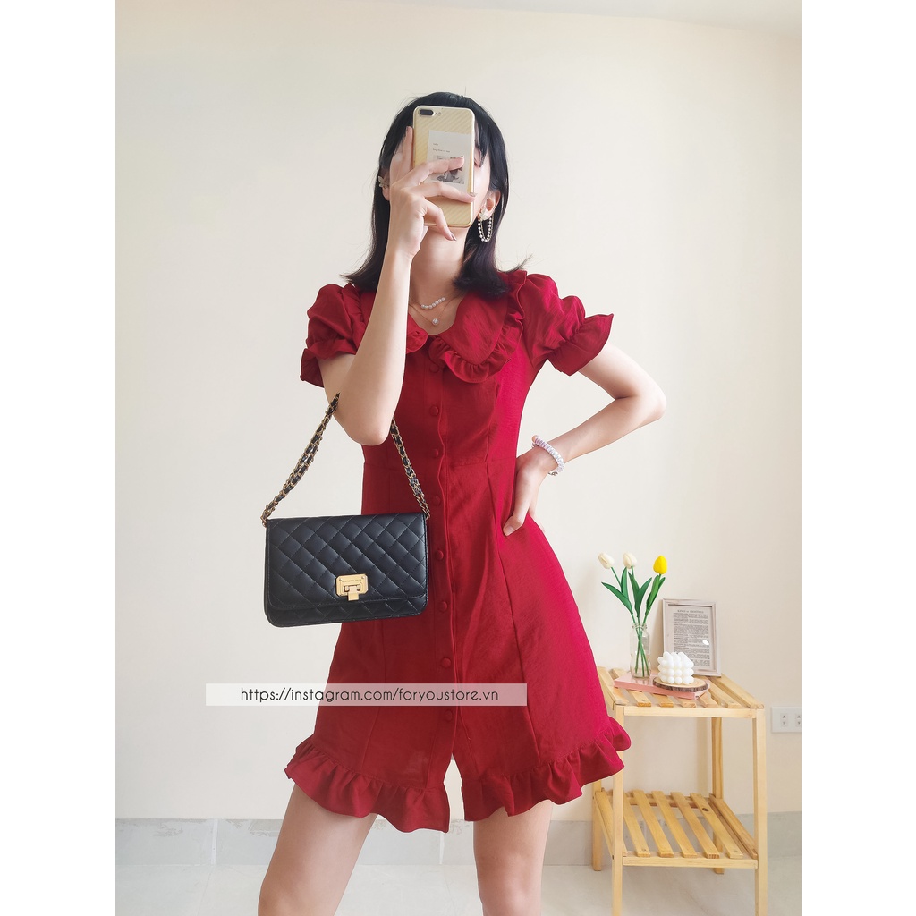 Váy đỏ đô FORYOU đầm cổ sen bèo tay bồng cúc giữa nhún bèo chân váy - Suri Dress