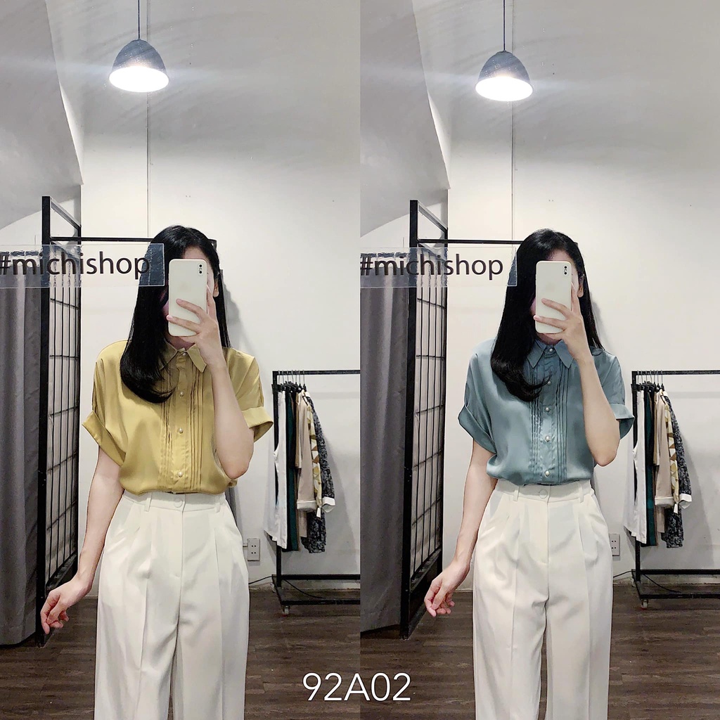 Áo sơ mi lụa ngắn tay nẹp xếp ly khuy ngọc - 92A02