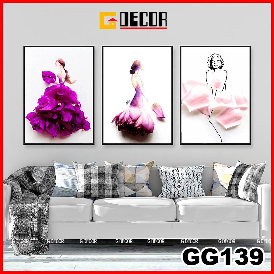 Tranh treo tường canvas khung gỗ 3 bức phong cách hiện đại Bắc Âu tranh cô gái trang trí phòng khách phòng ngủ spa 139
