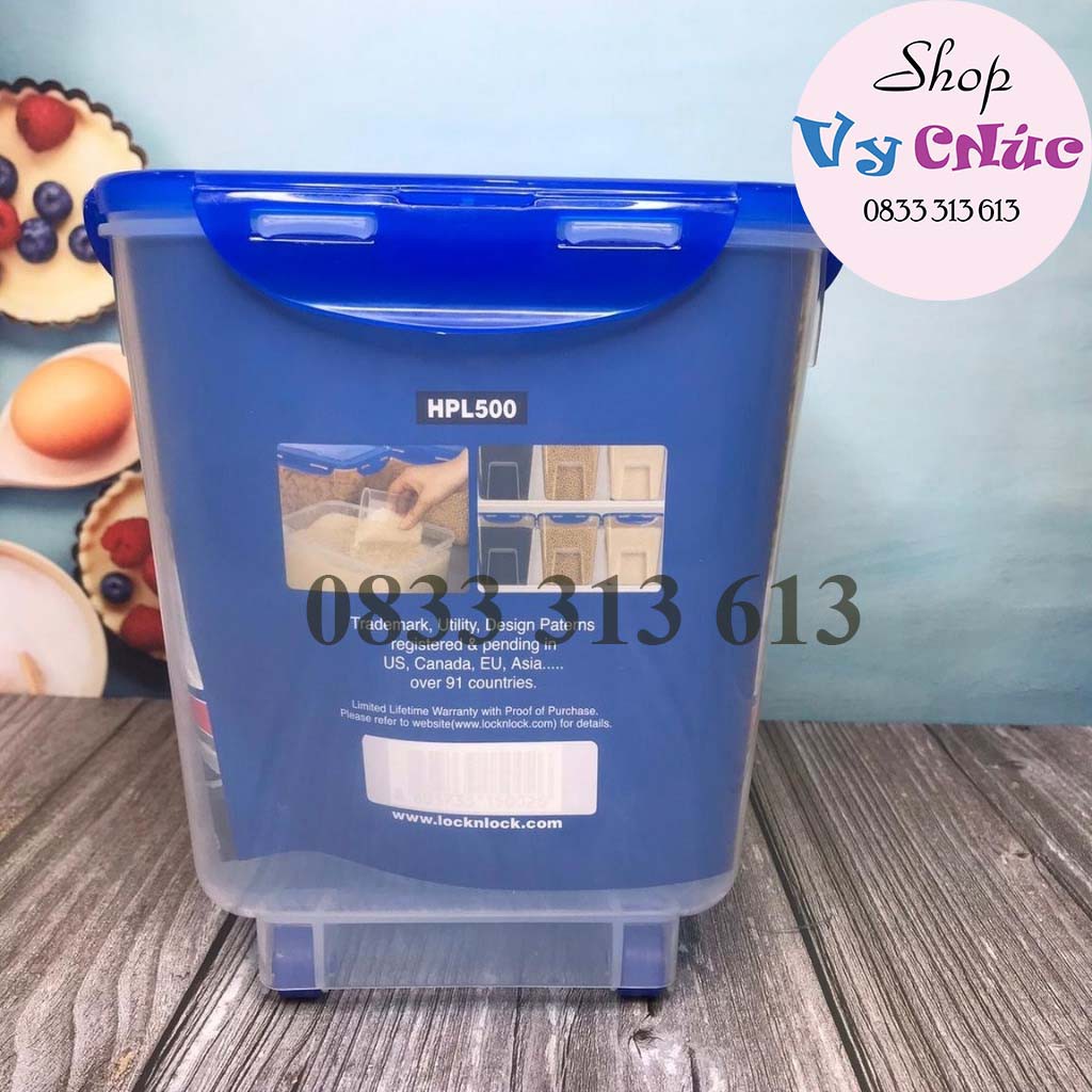 Thùng Đựng Gạo Lock And Lock HPL500 5Kg💖FREE SHIP💖Có Bánh Xe, Bền, Nhẹ, Tiện Lợi, Có Cốc Đong Gạo