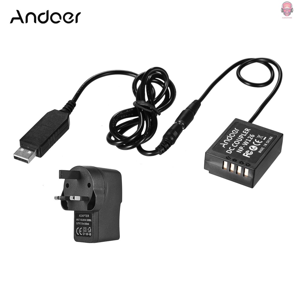 AUDI   Andoer 5V USB to NP-W126 Dummy Battery Pack DC Coupler with Power Adapter Compatible with Fuji Cameras X-A1/X-A2/X-A3/X-E1/X-E2/X-M1/X-Pro/X-T1/X-T2/XT10/HS33EXR/HS35EXR/HS50EXR