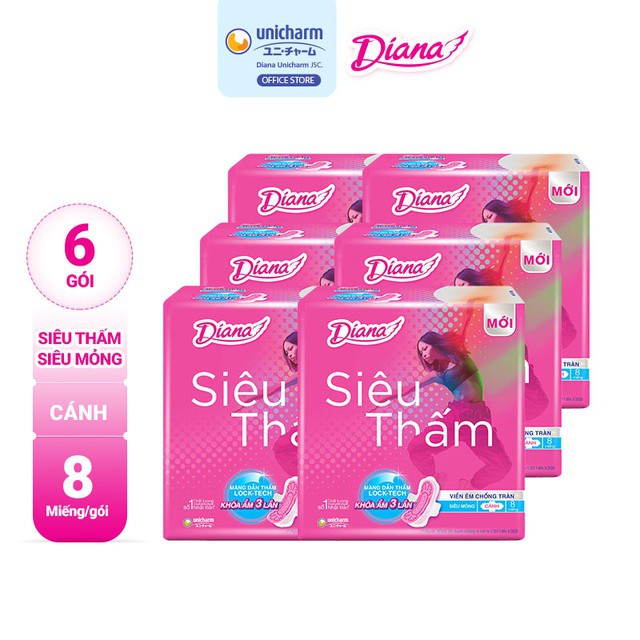 Bộ 6 gói băng vệ sinh Diana siêu thấm cánh Maxi 8 miếng/gói