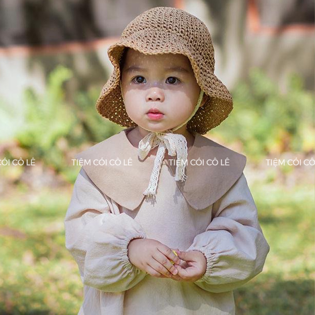 Nón cói em bé thắt dây nơ, mũ cói trẻ em đi biển cho bé 2-4 tuổi - Tiệm Cói Cô Lê