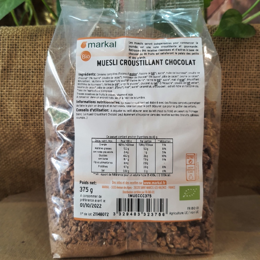 Ngũ cốc muesli giòn sô cô la hữu cơ Markal 375g