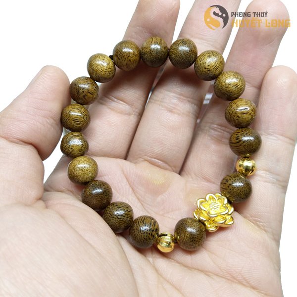 Vòng Trầm Hương Tốc Tròn Mix Hoa Sen Bi Vàng, Vòng Tay Gỗ Phong Thủy