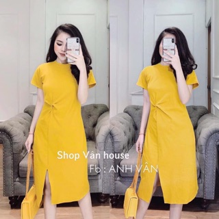 Váy suông trơn xoắn eo xẻ tà điệu đà chất cotton