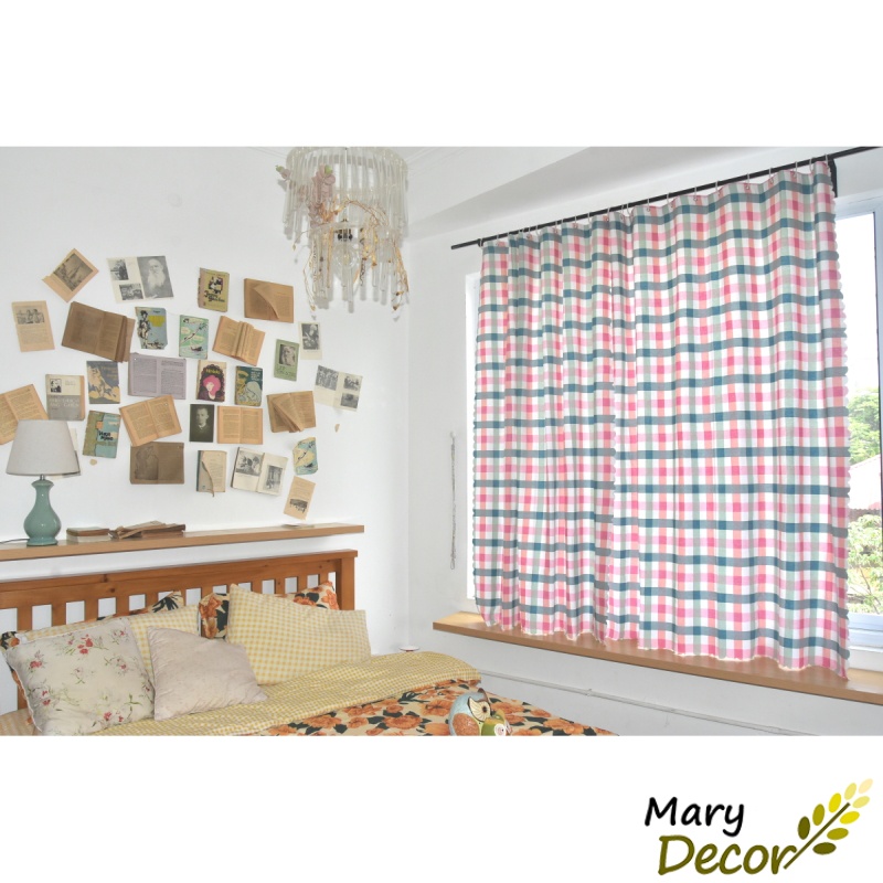 Rèm cửa chính vải cao cấp chống nắng phù hợp trang trí phòng ngủ và phòng khách chất liệu cotton Caro xanh hồng R-CC21