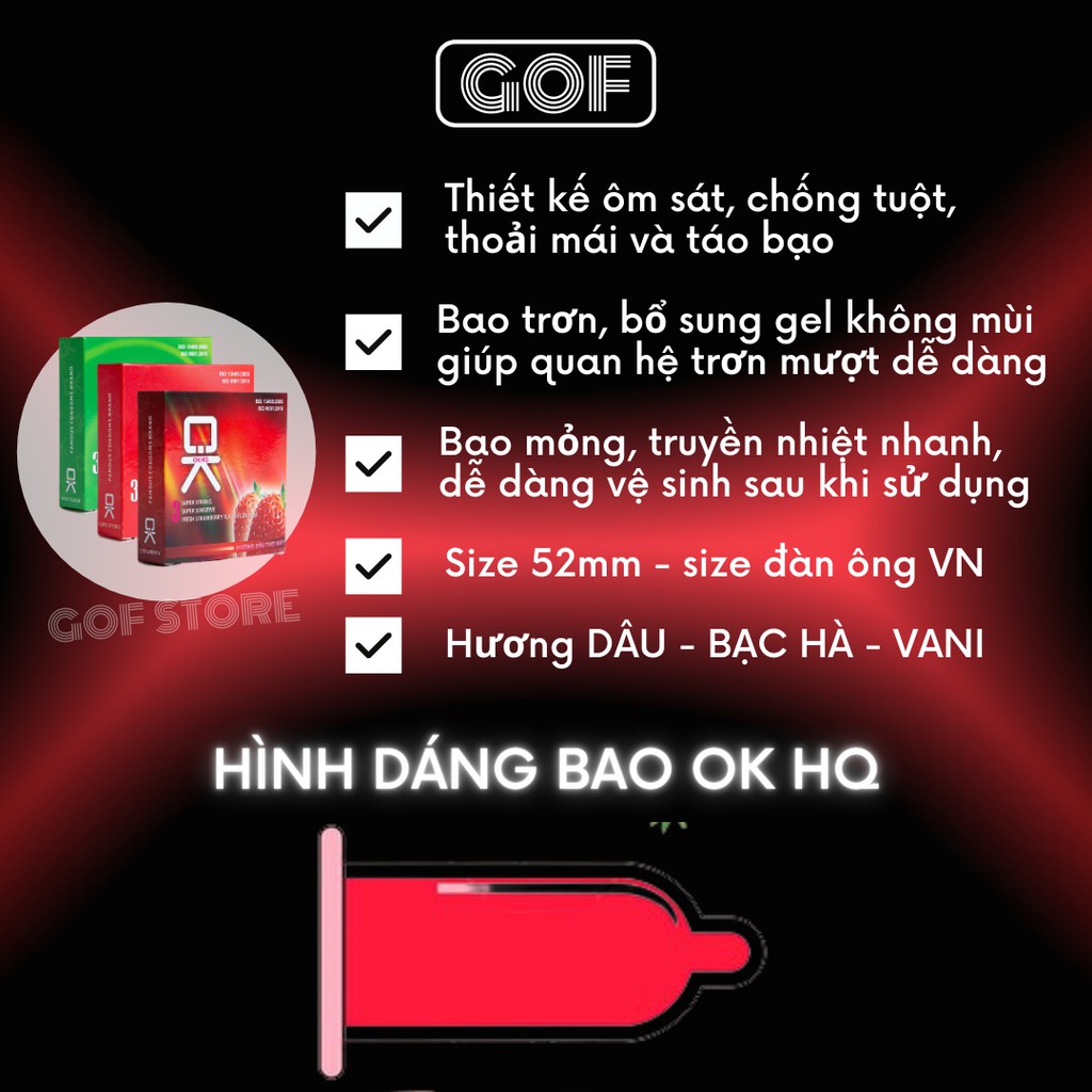 Bộ 3 Bao cao su OK HQ Hương Dâu Tây - Bạc Hà - Không Mùi Tặng 1 Hộp 3 cái OK - GoF