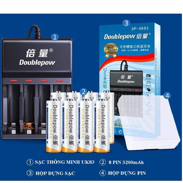 [Chính Hãng] Combo Sạc Tự Ngắt Thông Minh UK83 Đổi Đèn Khi Sạc Đầy Kèm 8 Pin Doublepow 3200Mah Dung Lượng Chuẩn