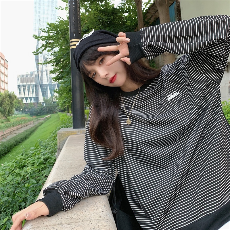 Áo sweatshirt SUXI tay dài họa tiết kẻ sọc phong cách Hàn Quốc thời trang mới