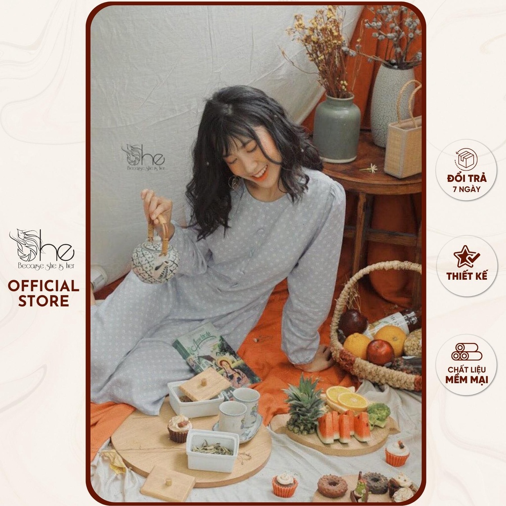Đầm suông midi Vintage She, váy hoa nhí cute đi chơi SDX16