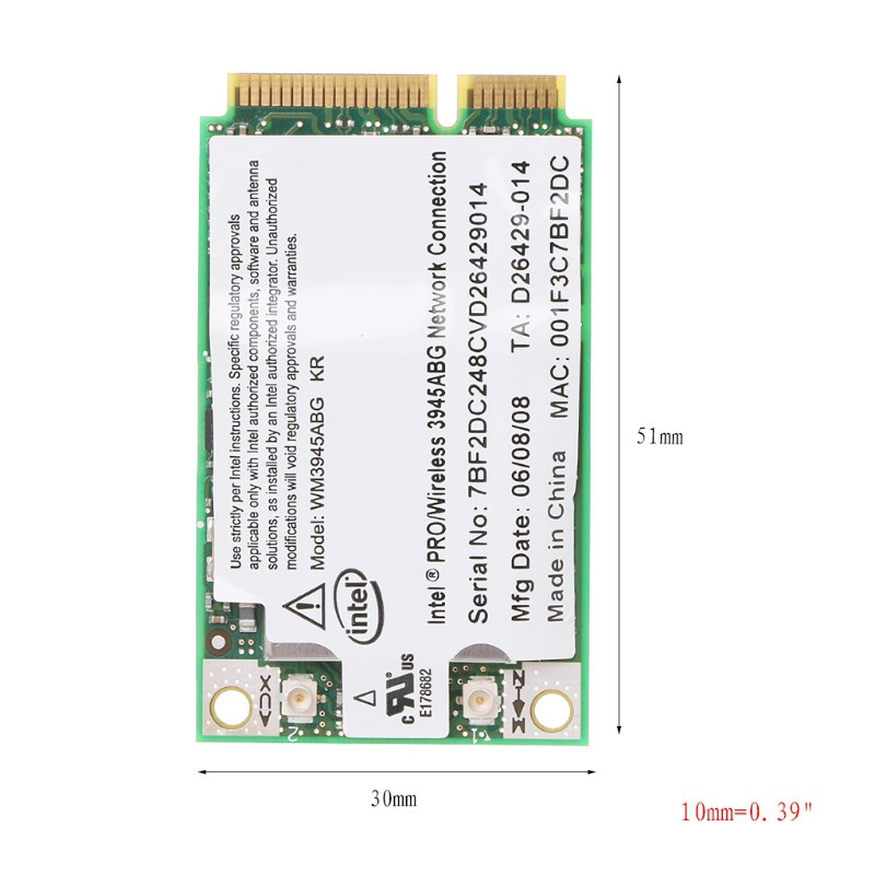 (Hàng Mới Về) Card Wifi Không Dây Wm3945Abg Mini Pci-E 54m 802.11a / B / G Cho Laptop Dell Asus