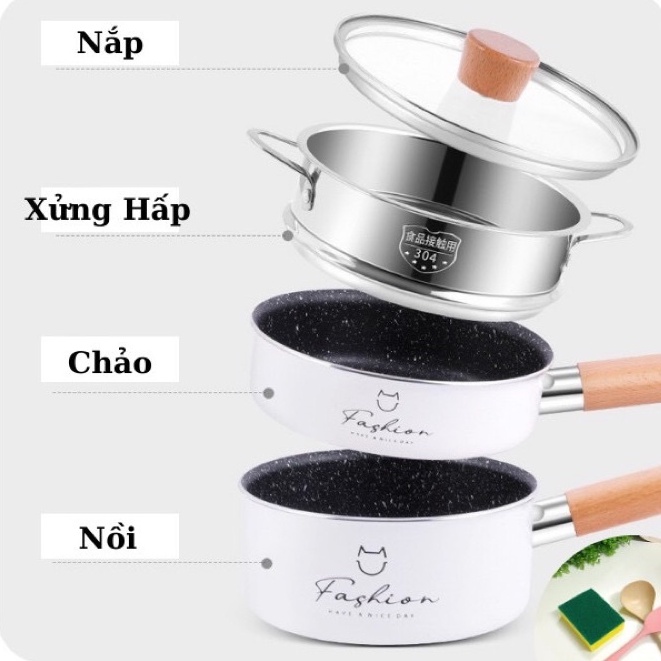 Nồi Chảo Đá Ăn Dặm Fashion Kèm Xửng Hấp Cho Bé, Nồi Chảo Đá Cho Bé Ăn Dặm Tặng Kèm Thìa