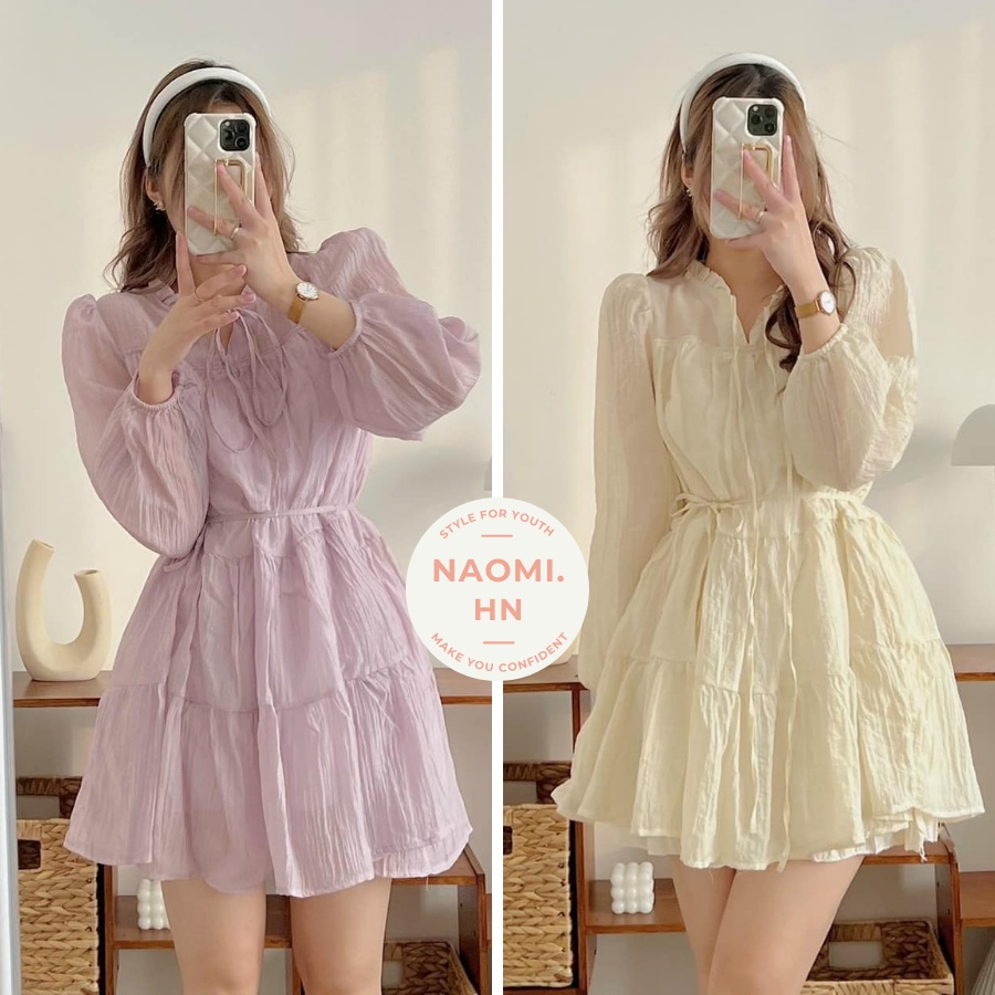Váy babydoll dài tay chất tơ 2 lớp phối dây đai thắt eo phong cách tiểu thư. Váy cổ V dài tay phối nơ sang chảnh