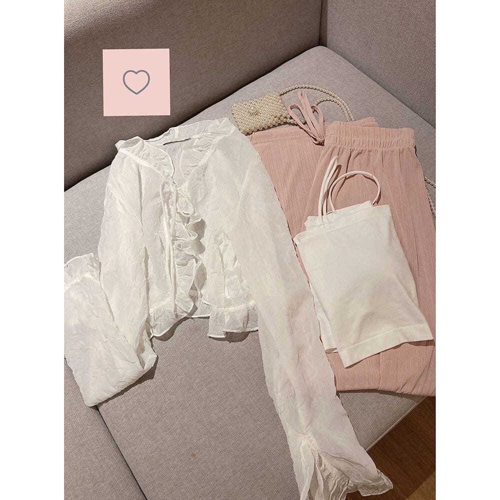 AMOI Bộ Áo Voan + Quần Ống Rộng Lưng Cao Thời Trang Hàn Quốc Xinh Xắn