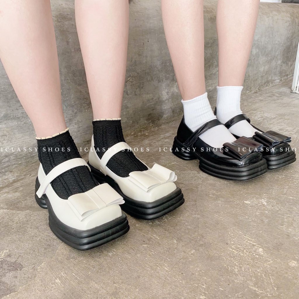 Giày Lolita Ulzzang Vintage Giày Mary Jane Mũi Vuông Nơ Xếp Chồng Quai Mảnh Khóa Dán Đế Độn 5cm Hàn Quốc-Iclassy_shoes