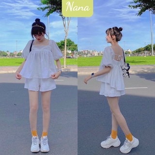 Set babydoll cộc tay thô lụa phối dây lưng - Bộ đồ hè quần short áo kiểu bánh bèo tiểu thư màu trắng mặc đi biển ulzzang