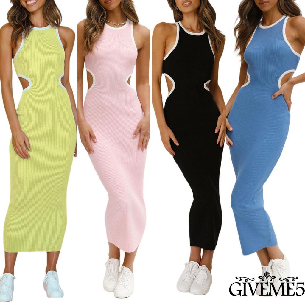 Đầm Dệt Kim Sát Nách Cổ Tròn Khoét Lưng Dáng Dài Ôm Sát Màu Sắc Tương Phản Cho Nữ