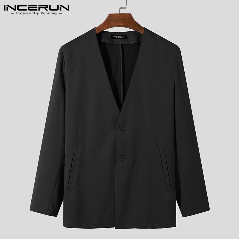 Áo blazer nam INCERUN cài nút dọc màu trơn tay dài cổ chữ V thời trang