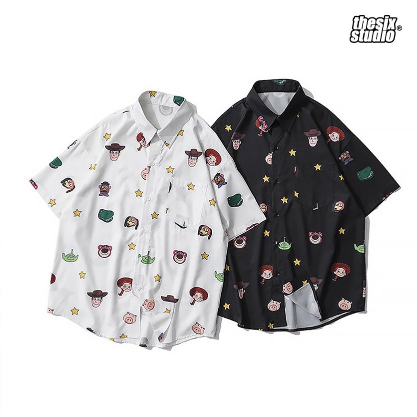 Sơ mi in họa tiết tay lỡ form rộng, Sơ mi ngắn tay mùa hè unisex phong cách streetwear Cartoon